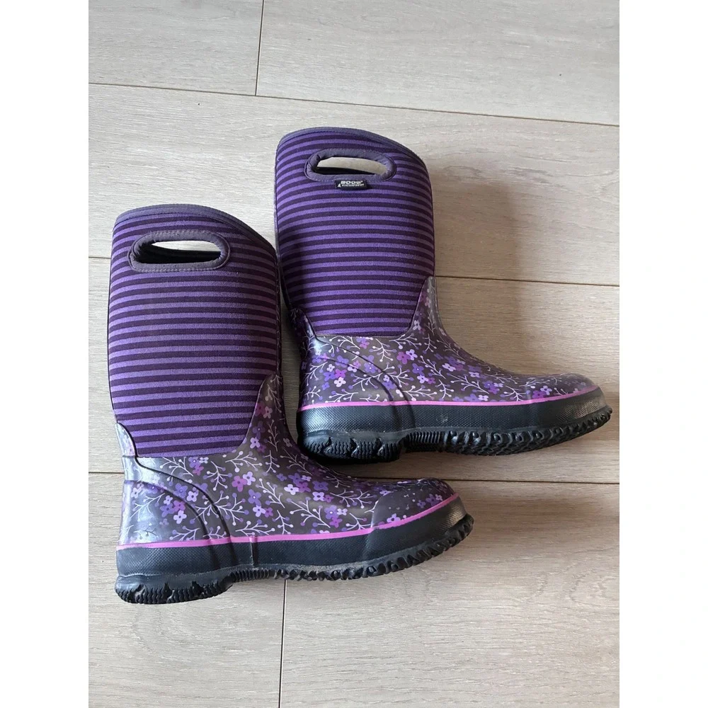 Bogs Classic Flower Stripe Purple Floral Rain Boots Kids Youth 5
